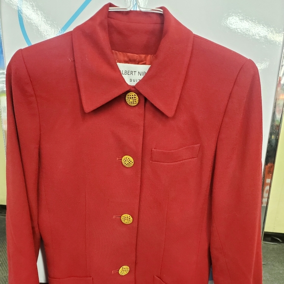 * Albert Nipon Red Wool Dress Blazer ? Size 10 gold buttons Trim front Jacket - Picture 7 of 7